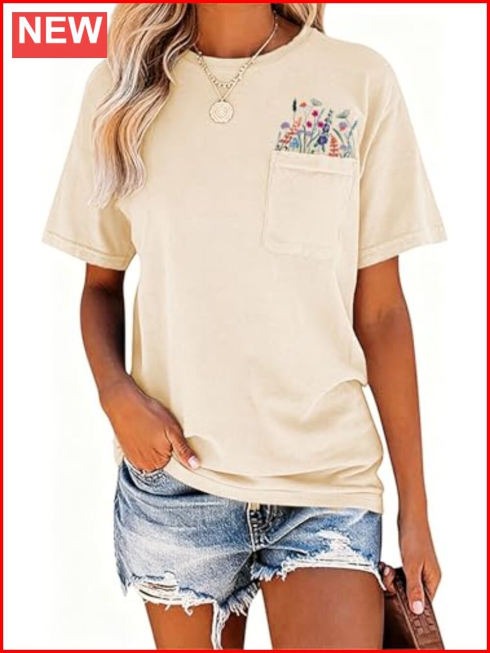 Embroidered floral pocket tee, boho summer top, soft cotton blend